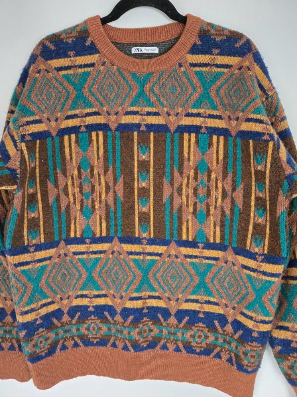 ZARA Multicolor Geometric Crewneck Sweater - Brown/Turquoise/Blue